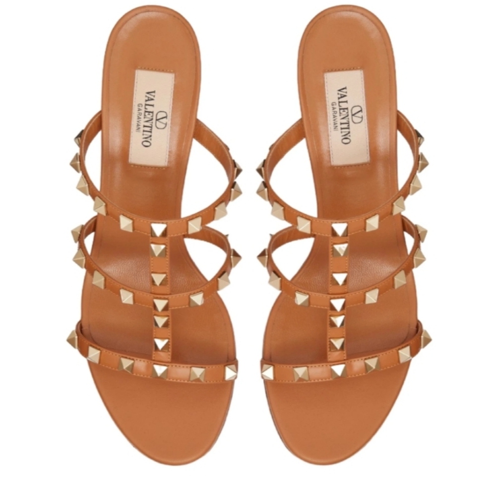 Valentino Garavani Rockstud Tan Leather Slide Sandals